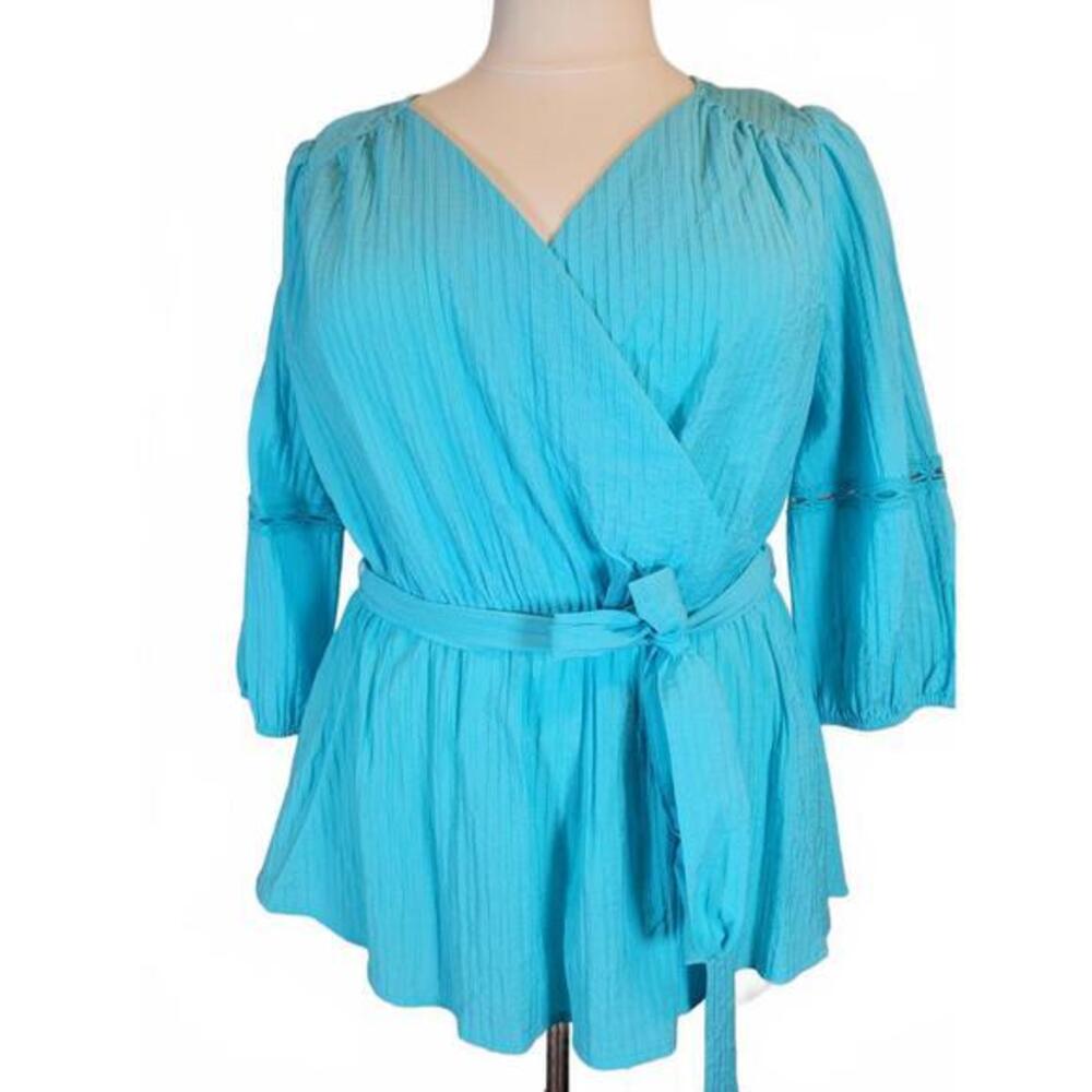 Lane Bryant Turquoise Blue Wrap Top Lace Sleeve Belted Blouse Plus Size 20 NWT